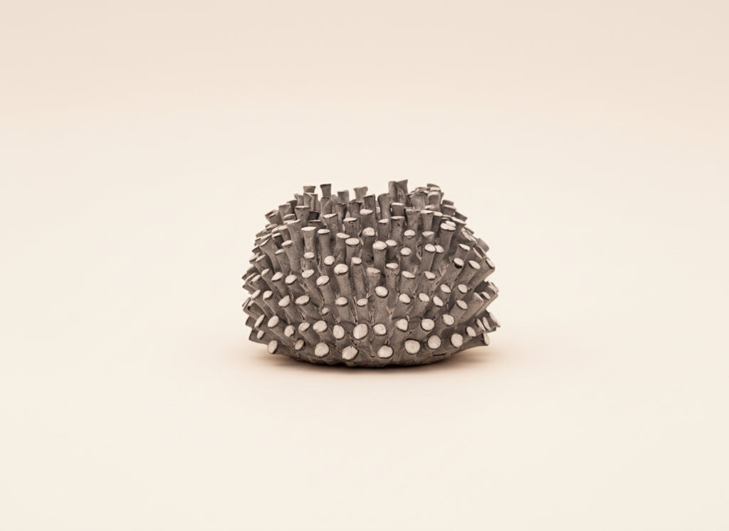 Textured gray sphere on a sandy surface with a blurred natural background